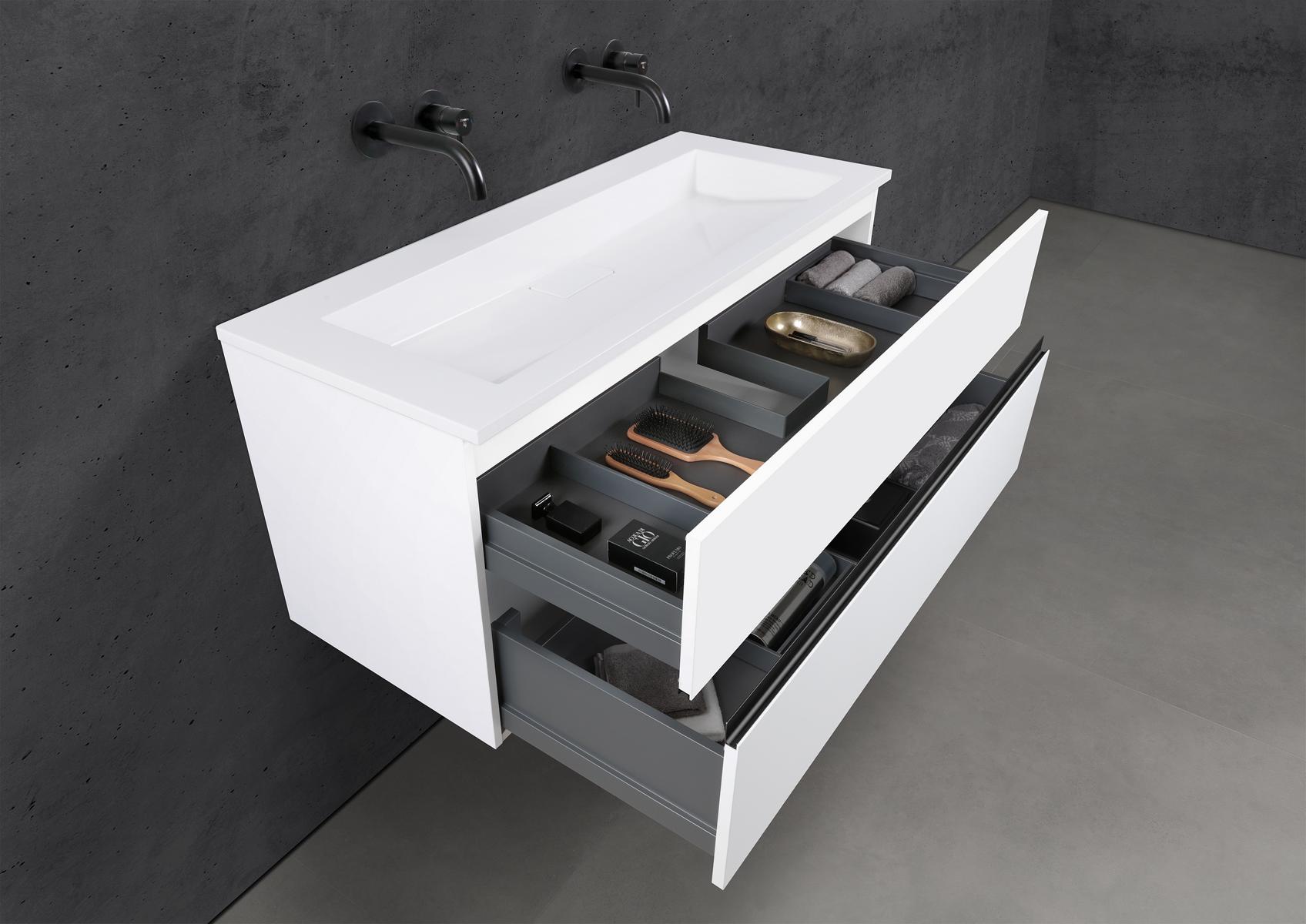Badmöbel Set CUBO 120 cm Doppelwaschtisch & Unterschrank in Weiß Matt Lack mit Aluminium-Griffleiste schwarz