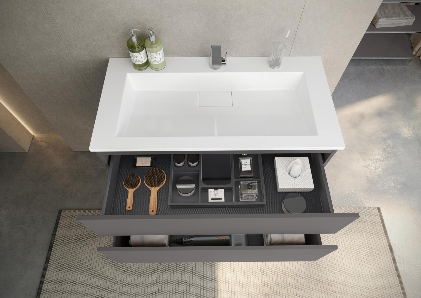 Conjunto de muebles de baño Cubo: lavabo individual de 100 cm con mueble bajo sin tiradores / Push to Open, fabricado en Alemania