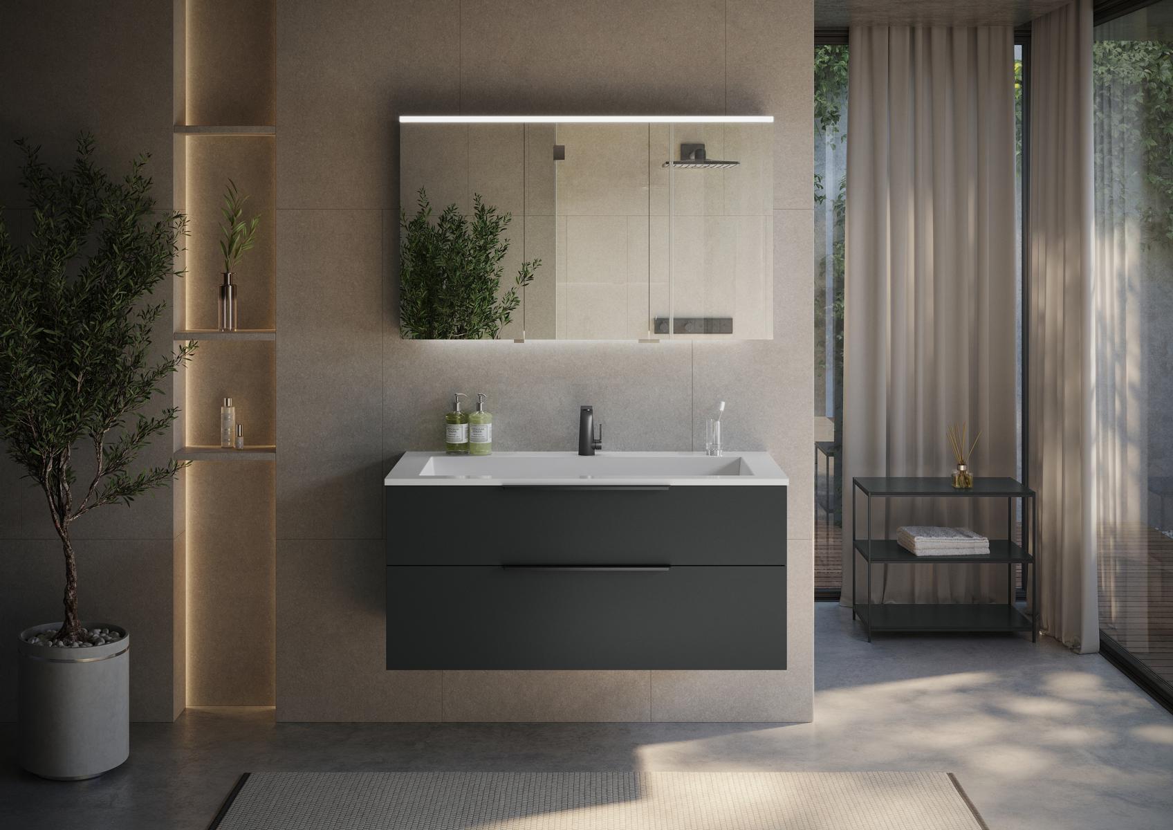 Bathroom furniture Cubo 120 cm single washbasin with vanity unit and multi-LED mirror cabinet, Made in Germany 