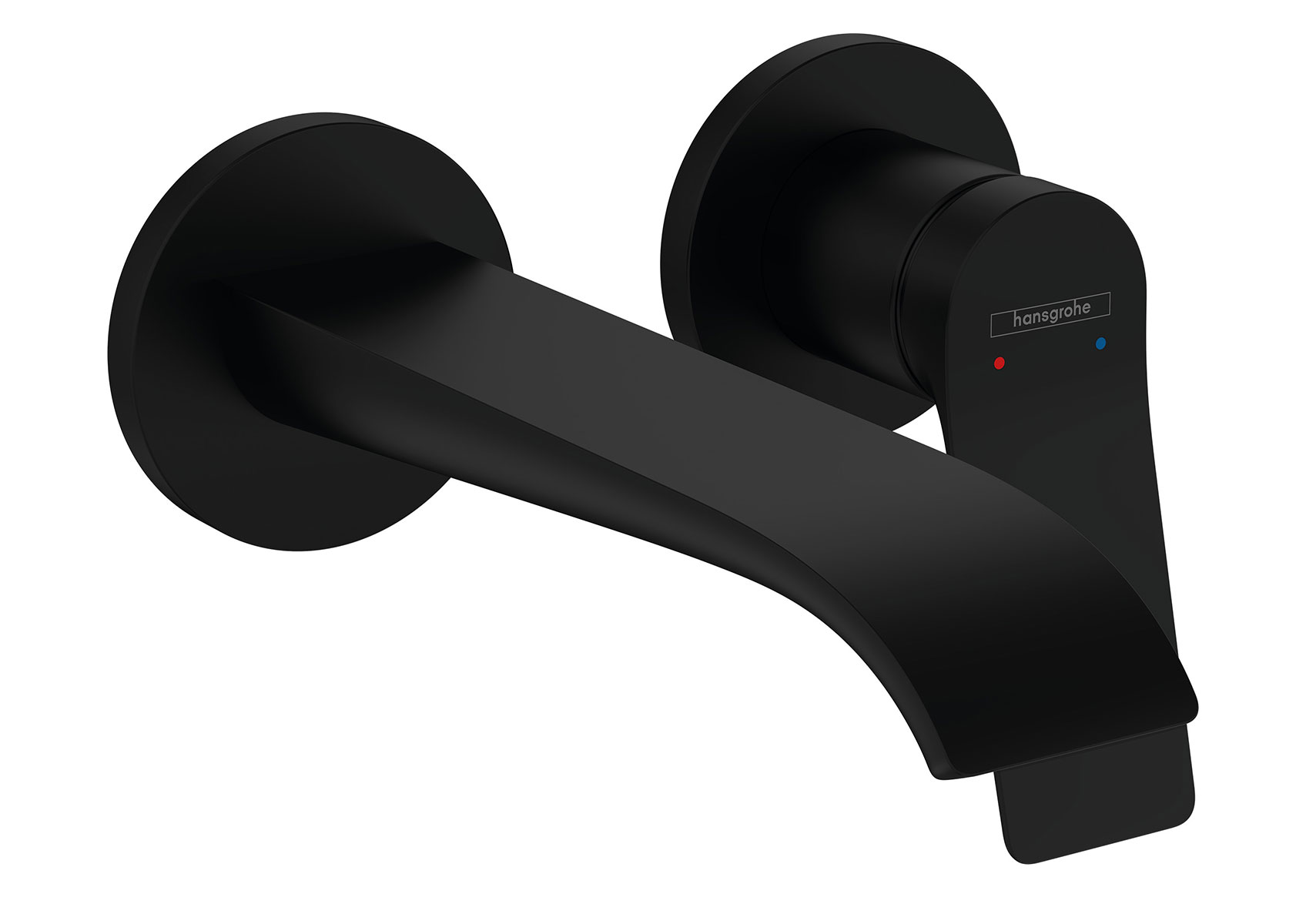 Black Hansgrohe wall-mounted basin mixer with long spout and single lever in matt black