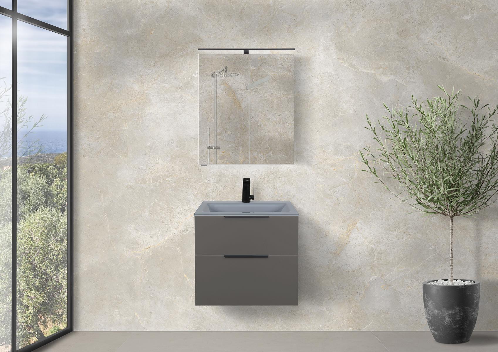 Zafiro - Set di mobili da bagno da 60 cm con lavabo in vetro Optiwhite, mobile base e armadio a specchio