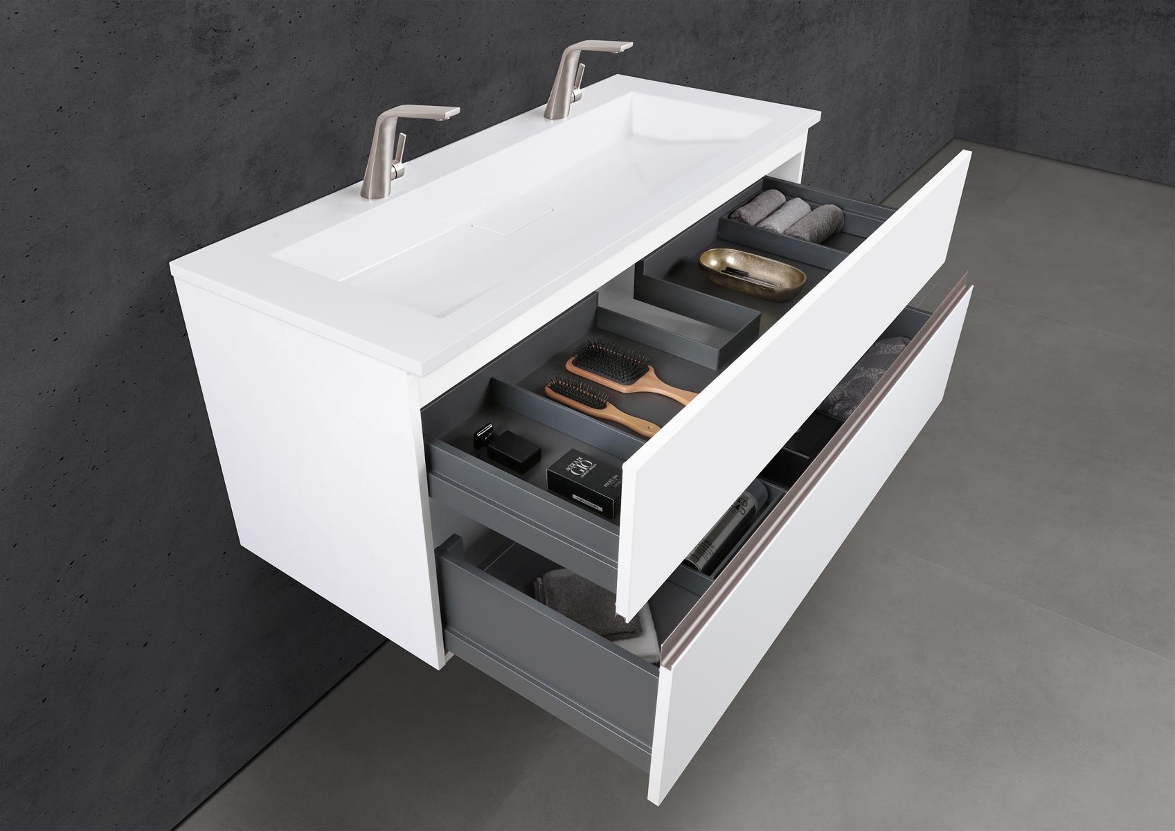 Badmöbel Set CUBO 120 cm Doppelwaschtisch & Unterschrank in Weiß Matt Lack mit Aluminium-Griffleiste edelstahl
