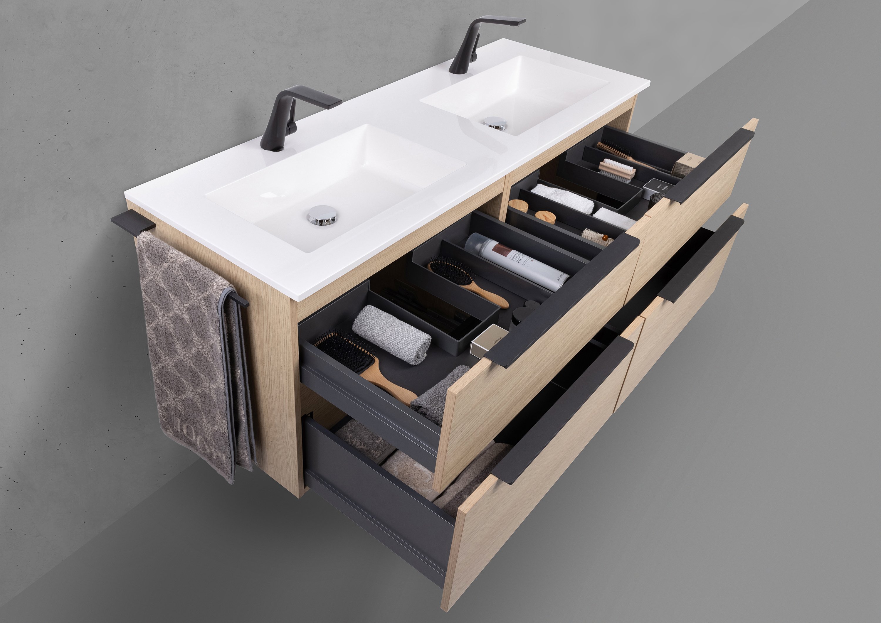 Doppelwaschtisch Evermite 140 cm Badmöbel SKY, Spiegelschrank Led, Grau Hochglanz Lack