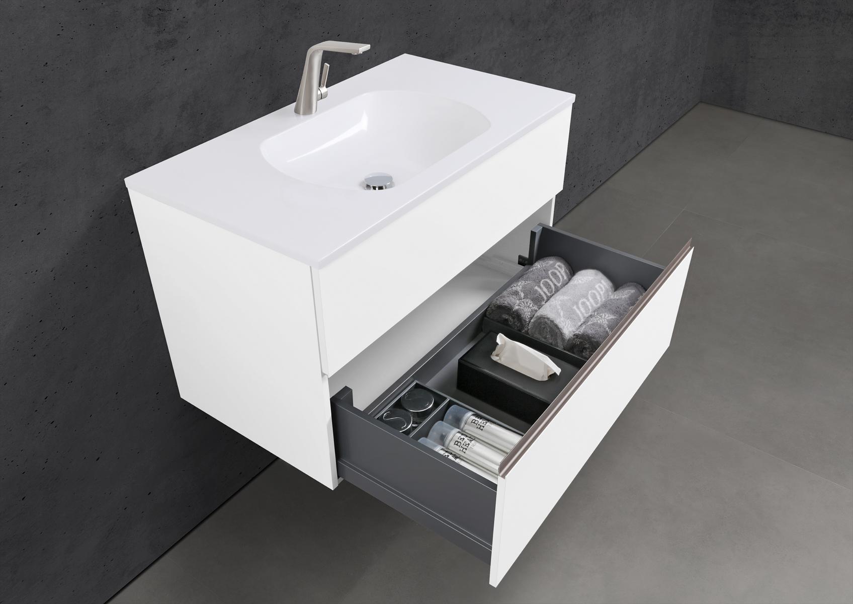Badmöbel Set Modica 90 cm Waschtisch & Unterschrank in Weiß Matt Lack mit Aluminium-Griffleiste Edelstahl