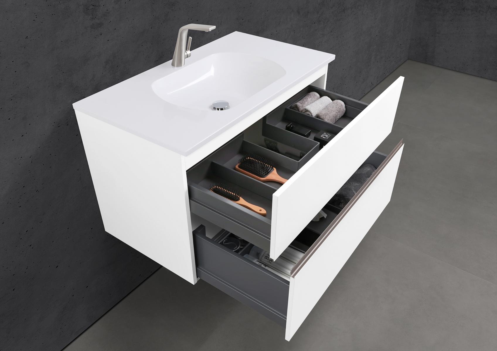 Badmöbel Set Modica 90 cm Waschtisch & Unterschrank in Weiß Matt Lack mit Aluminium-Griffleiste Edelstahl