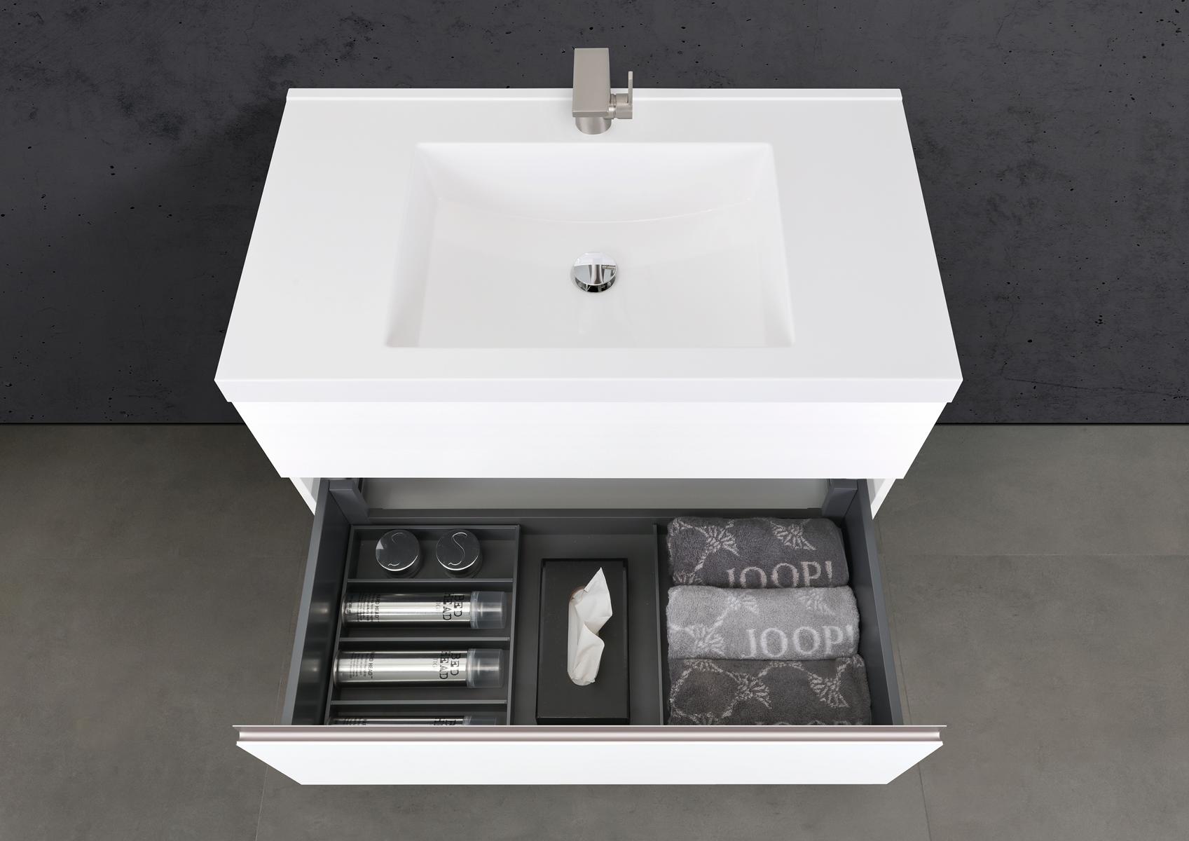 Badmöbel Set Salerno 2.0 90 cm Waschtisch & Unterschrank in Weiß Matt Lack mit Aluminium-Griffleiste Edelstahl