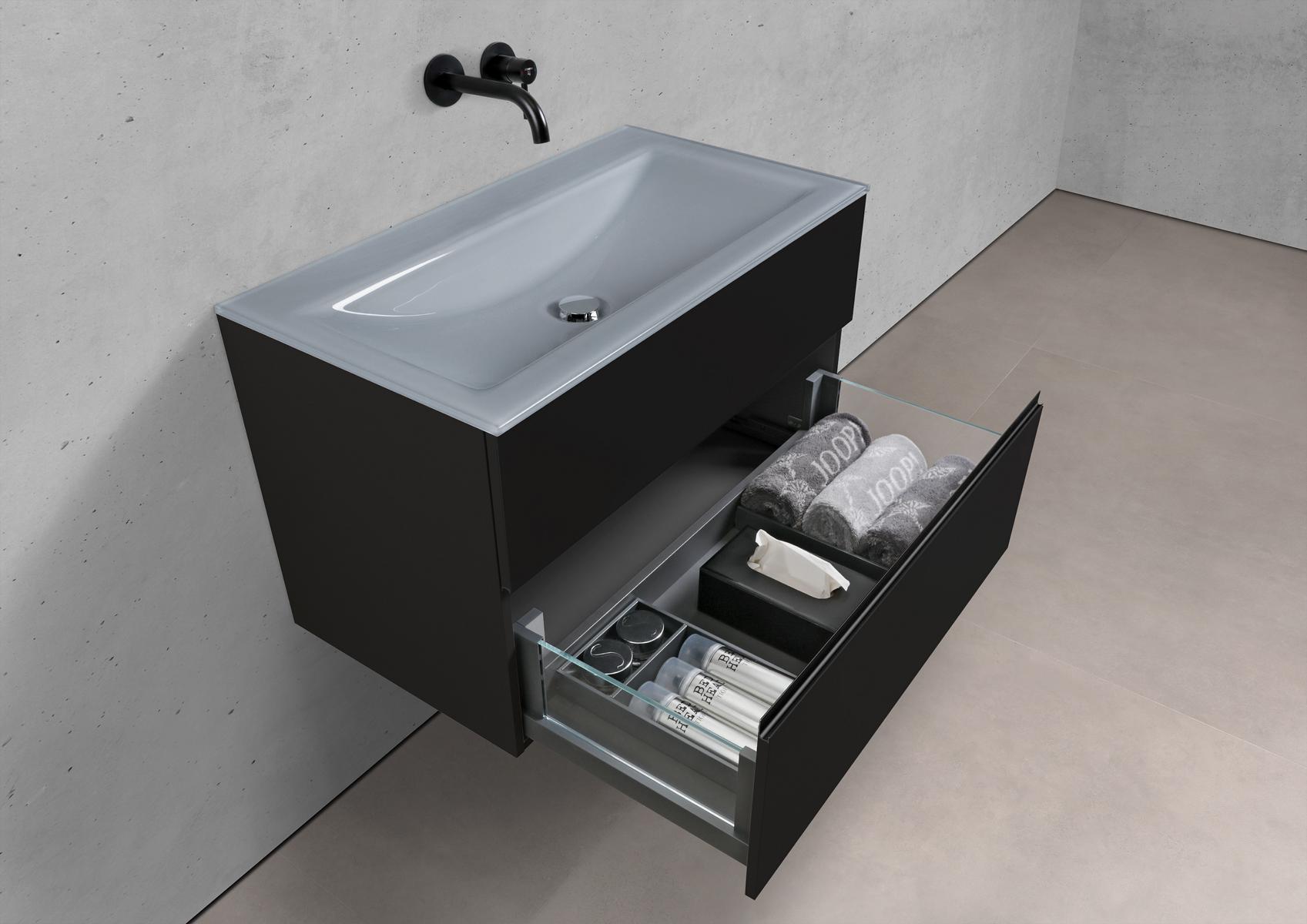 Badmöbel Set Saphir 90 cm Waschtisch & Unterschrank in Schwarz Matt Lack mit Aluminium-Griffleiste schwarz