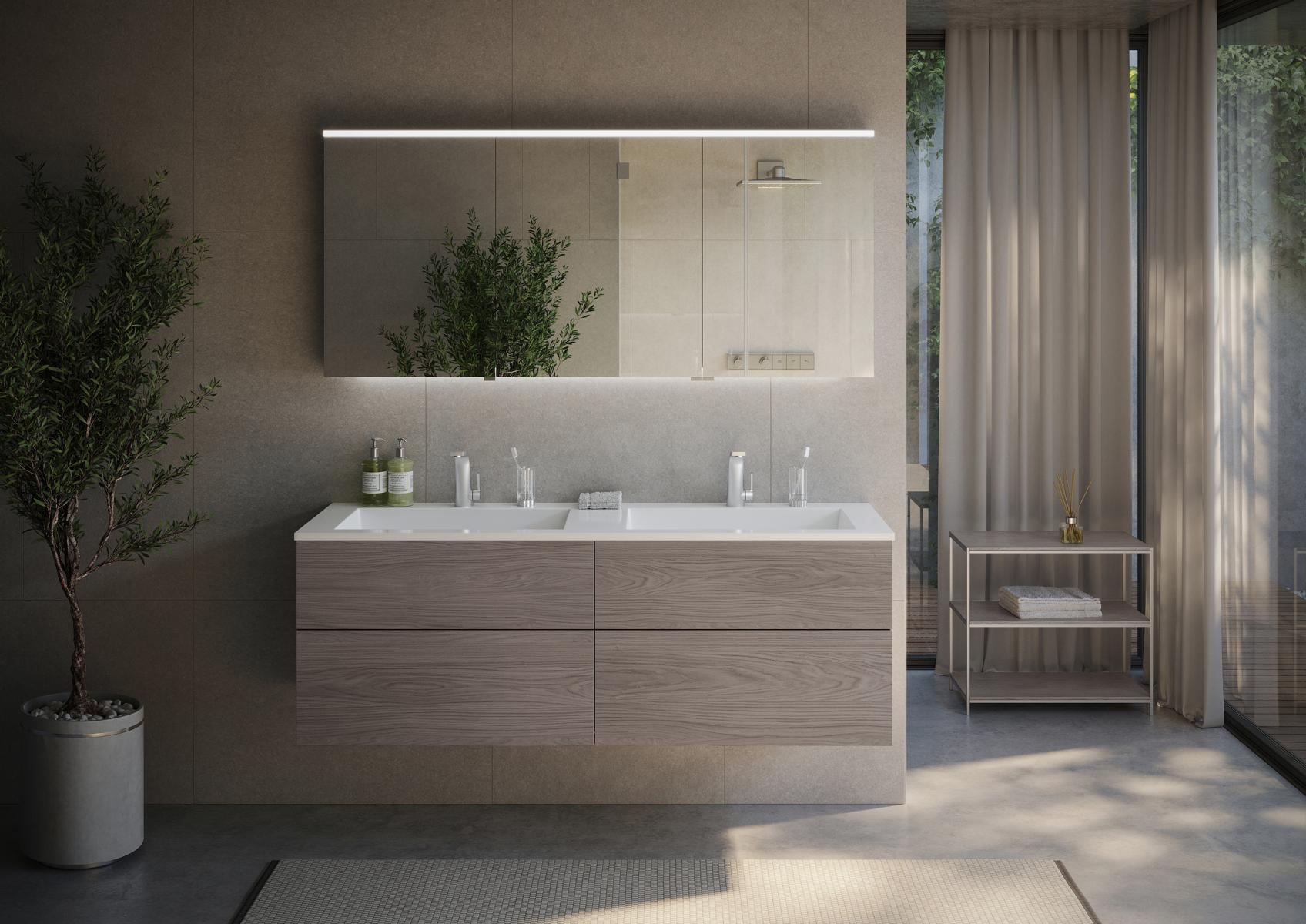 Set da bagno Cubo da 160 cm con doppio lavabo, mobile sottolavabo senza maniglie / Push to Open e armadietto a specchio con illuminazione LED Multilight