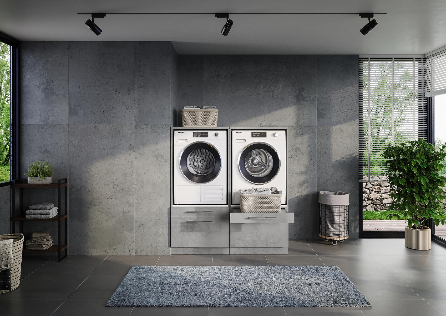 Set per lavanderia Duo con mobile per lavatrice/asciugatrice; larghezza/altezza totali 134/146 cm