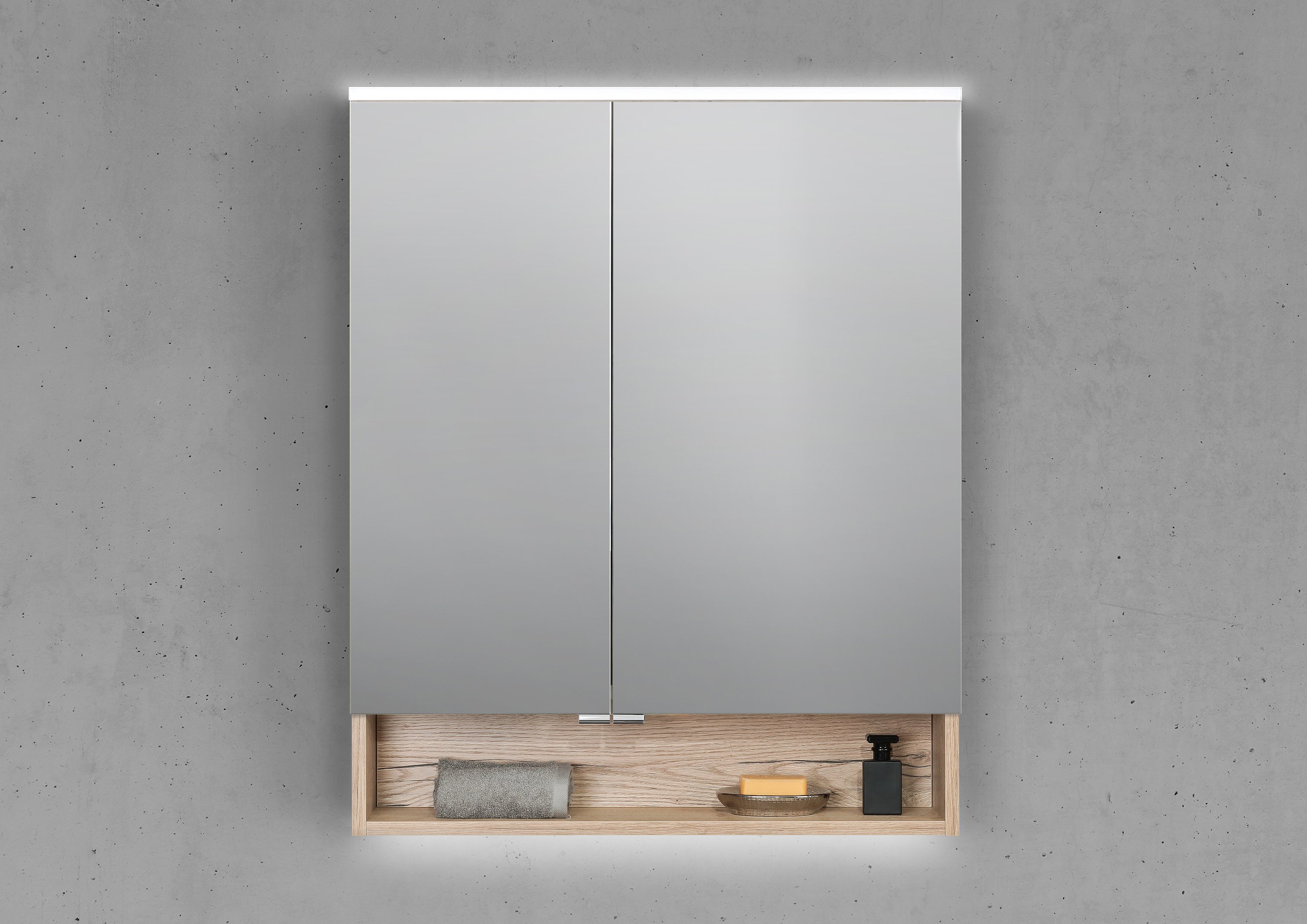 Spiegelschrank 70 cm mit offenem Fach integrierte MULTI Light LED Beleuchtung Doppelspiegeltüren