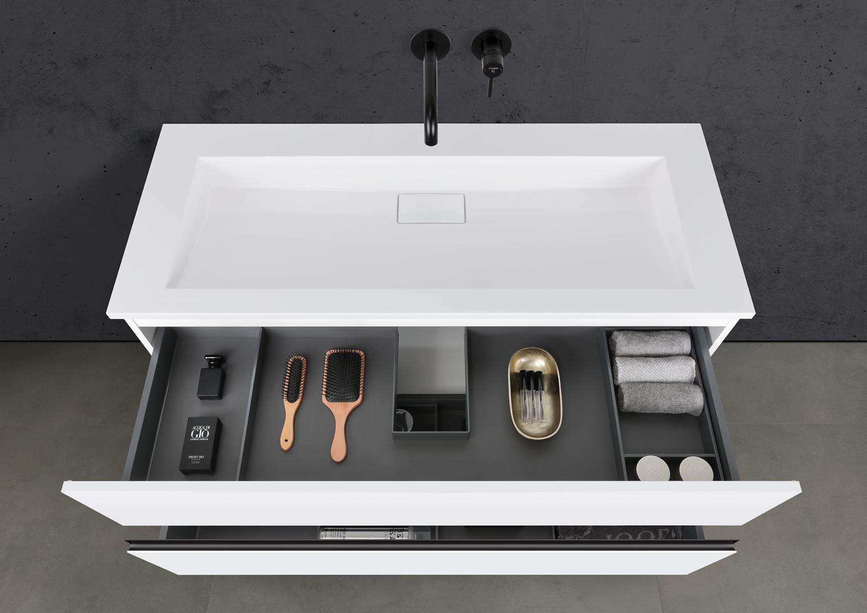 Badmöbel Set Cubo 120 cm Waschtisch & Unterschrank in Weiß Matt Lack mit Aluminium-Griffleiste schwarz