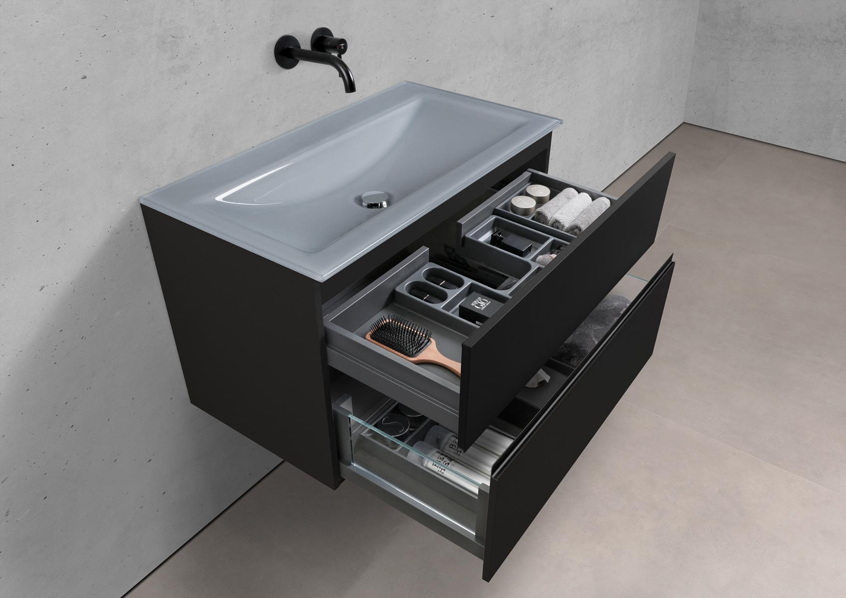 Badmöbel Set Saphir 90 cm Waschtisch & Unterschrank in Schwarz Matt Lack mit Aluminium-Griffleiste schwarz