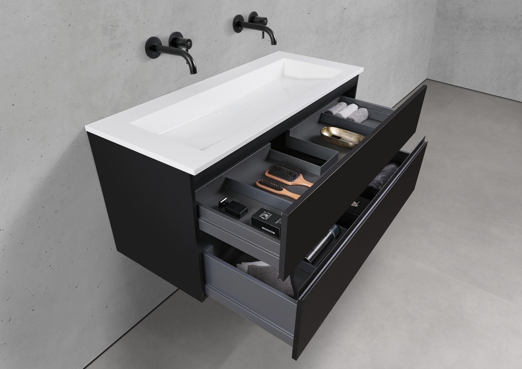 Badmöbel Set CUBO 120 cm Doppelwaschtisch & Unterschrank in Schwarz Matt Lack mit Aluminium-Griffleiste schwarz