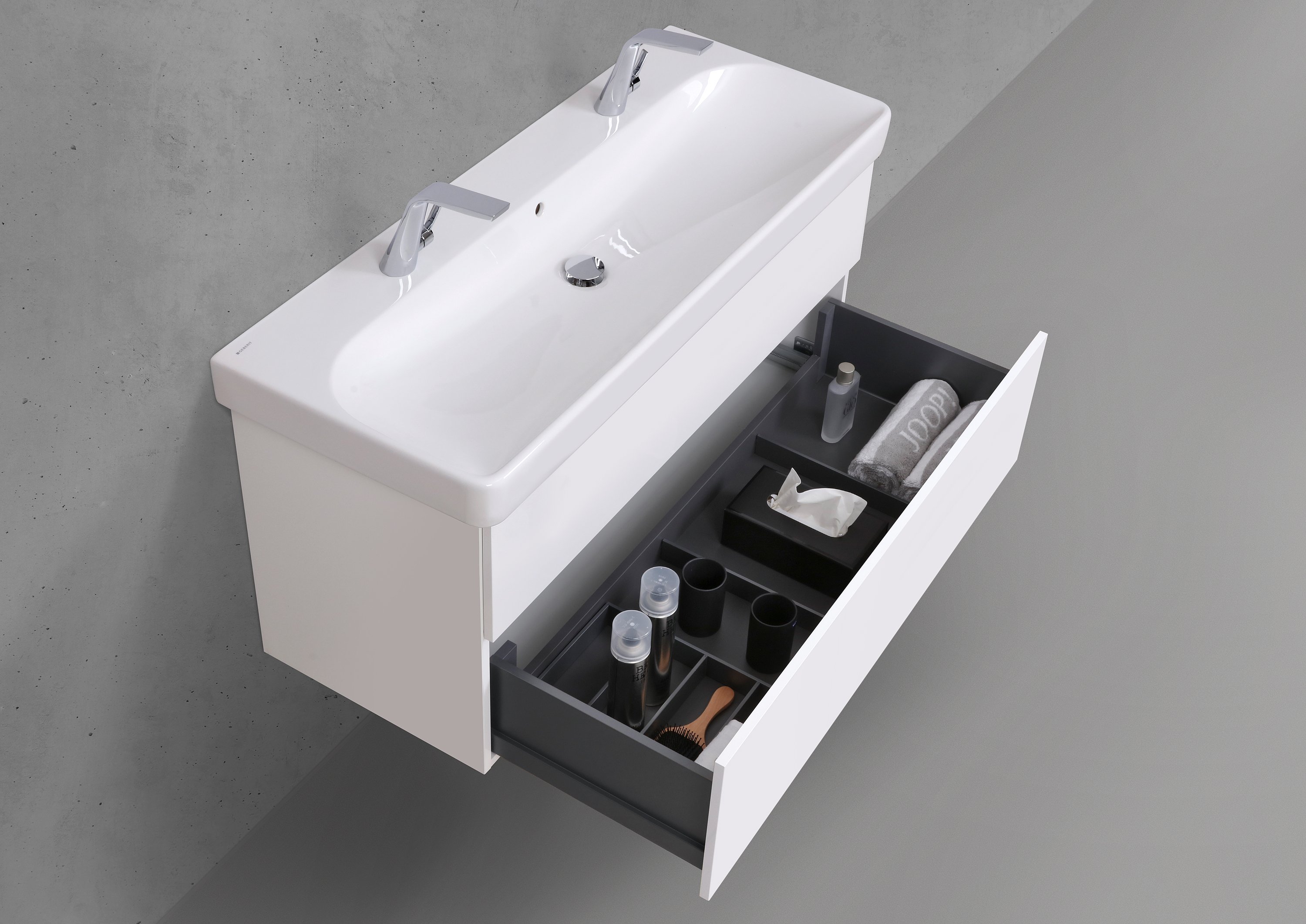 Badmöbelset Shape 120 cm inkl. Geberit Smyle Square Doppelwaschtisch mit Unterschrank Push to Open