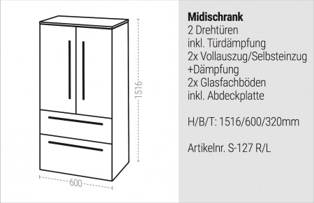 Bad Hochschrank Seitenschrank Maße: H/B/T 151,6/60/32,5cm komplett vormontiert
