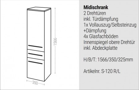 Bad Hochschrank Badmöbel Maße: H/B/T 156,6/35/32,5 cm komplett vormontiert