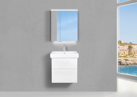 Badmöbel Shape mit Geberit Smyle Square Waschtisch 60 cm, grifflosem Unterschrank und Spiegelschrank