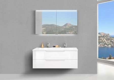 Design Badmöbel Cubo 120 cm Doppelwaschtisch weiß hochglanz, mit Unterschrank Led Spiegelschrank