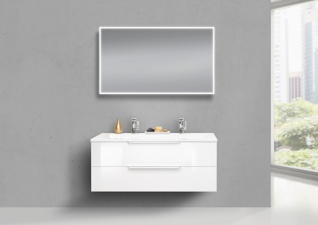 Badmöbel Doppelwaschtisch 120 cm, weiß hochglanz, mit Unterschrank und Led Lichtspiegel
