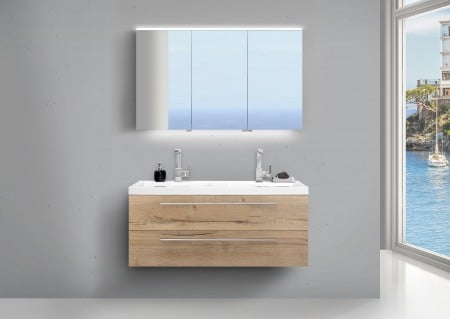 Design Badmöbel Set mit LED Spiegelschrank und Doppelwaschtisch Evermite in 120cm