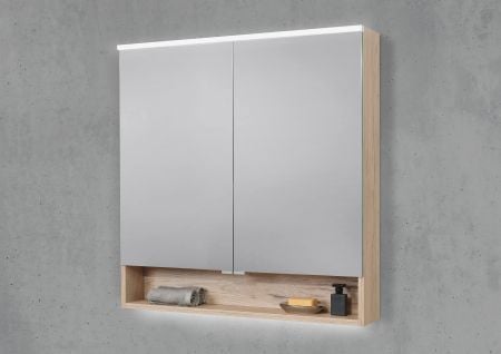 Spiegelschrank 80 cm mit offenem Fach integrierte MULTI Light LED Beleuchtung Doppelspiegeltüren