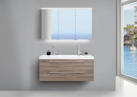 Design Doppelwaschtisch Bad Set Trüffel und LED Spiegelschrank doppelt verspiegelt