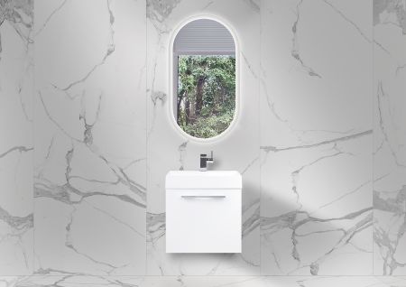 Badmöbel Set 50 cm Gäste WC, Unterschrank mit Waschtisch und LED Spiegel, Made in Germany