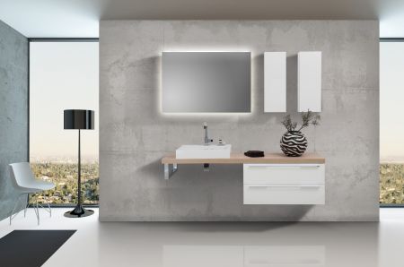 Design Badezimmer Set Weiß Hochglanz mit LED Lichtspiegel