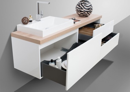 Design Badmöbel Set LUXOR grifflos 180cm , Waschtischplatte nach Maß bestellbar, weiß hochglanz