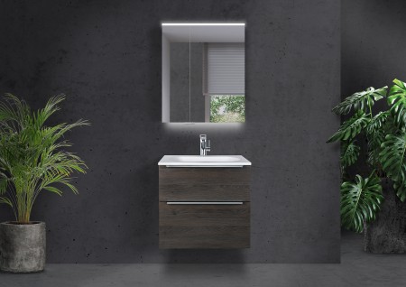 Badmöbel Set Modica 60 cm mit Evermite Waschtisch, Spiegelschrank mit Multilight-LED