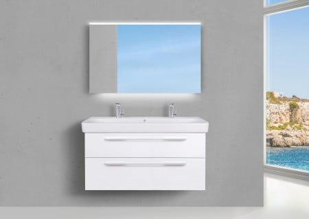 Badmöbel Shape mit Geberit Smyle Square 120 cm Waschtisch, Unterschrank und Lichtspiegel