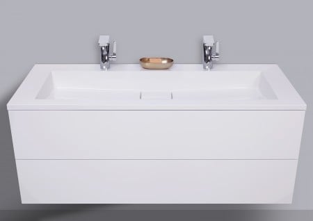 Badmöbel Cubo 120 cm Doppelwaschtisch, Unterschrank grifflos und Led Spiegelschrank, weiß hochglanz