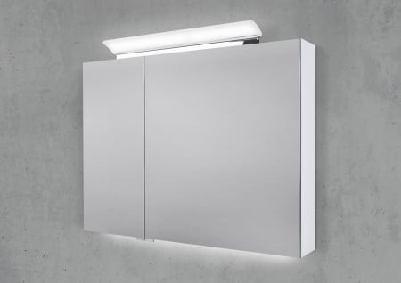 Spiegelschrank 90 cm LED Acryl Aufsatzleuchte mit Unterbauleuchte doppelseitig verspiegelt