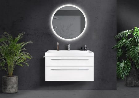 Design Badmöbel 100 cm Waschtisch mit Unterschrank und LED Lichtspiegel