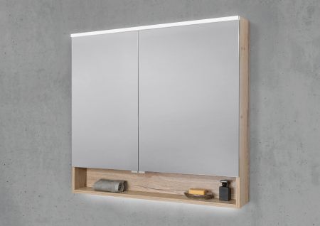 Spiegelschrank 90 cm mit offenem Fach integrierte MULTI Light LED Beleuchtung Doppelspiegeltüren