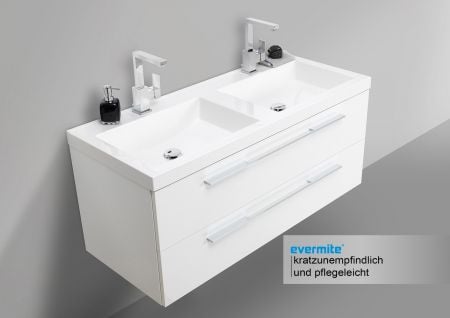 Design Badmöbel Set Weiss 120cm mit Doppelwaschtisch und LED Spiegelschrank
