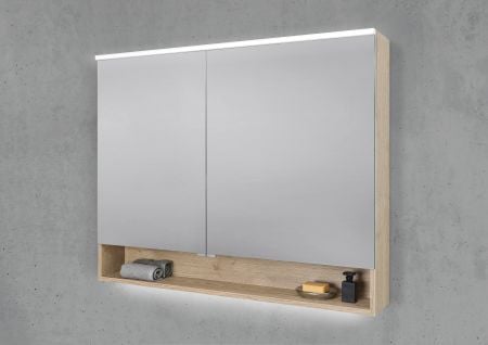 Spiegelschrank 110 cm mit offenem Fach MULTI Light LED Beleuchtung Doppelspiegeltüren