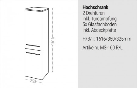 Bad Hochschrank Badmöbel Maße: H/B/T 160/35/32,5 cm komplett vormontiert sofort lieferbar
