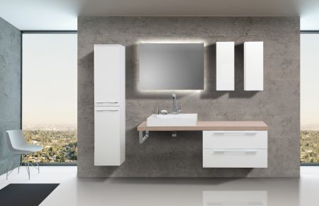 Badezimmermöbel Set mit Design Waschbecken, Lichtspiegel und Hochschrank
