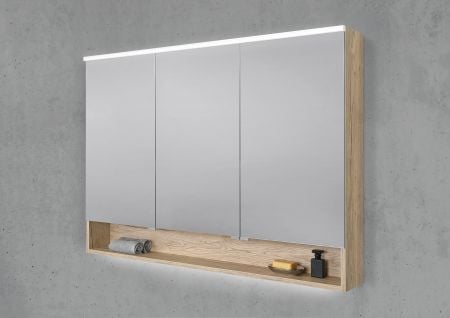 Spiegelschrank 120 cm mit offenem Fach MULTI Light LED Beleuchtung Doppelspiegeltüren
