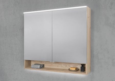 Spiegelschrank 100 cm mit offenem Fach MULTI Light LED Beleuchtung Doppelspiegeltüren